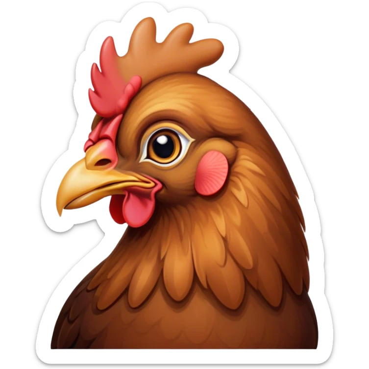 Cinematic Noble Brown Chicken Portrait Emoji, Poised and regal, with a compact, sturdy build and a warm, well-groomed brown plumage, deep-set soulful beady eyes, Simplified yet sharp and sophisticated features, highly detailed, glowing with a soft, dignified glow, high shine, intelligent and earthy, stylized with an air of rustic elegance, focused and attentive, soft glowing outline, capturing the essence of a watchful and confident fowl, so majestic it feels as though it could strut out of the screen with effortless authority! sticker