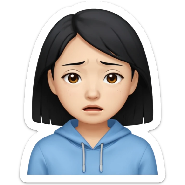 A crying East Asian woman with black hair, wearing light blue clothing. Her skin appears dry. sticker