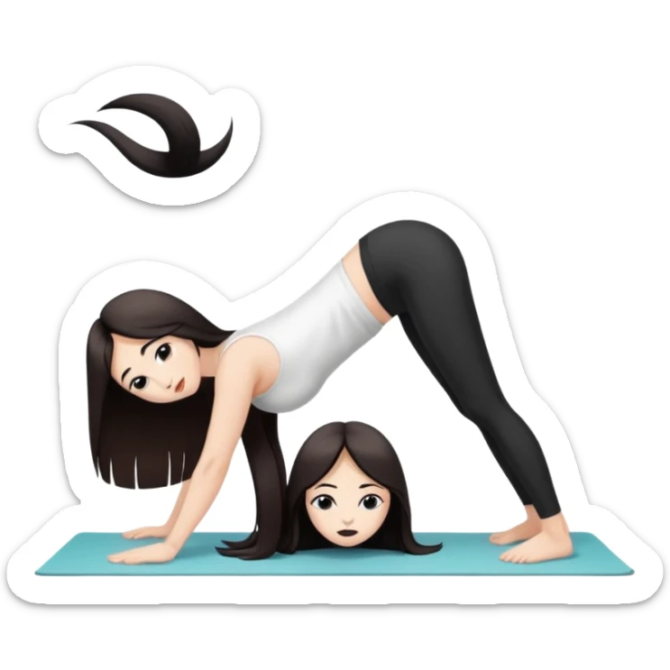 Девушка белокожая в позе собака мордой вниз, с длинными темными волосами, в коротком белом топе, в черных лосинах, с черными ресницами sticker