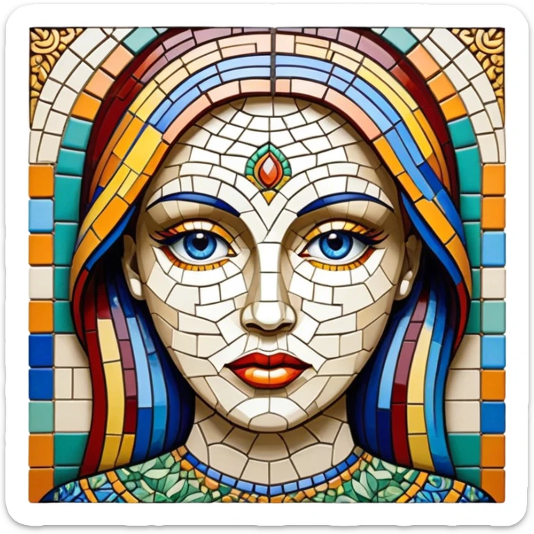 Mosaic art icon, colorful tiles forming a detailed picture, like a landscape or portrait, intricate patterns, some tiles in process of placement, minimalistic style, clean lines, transparent background. sticker