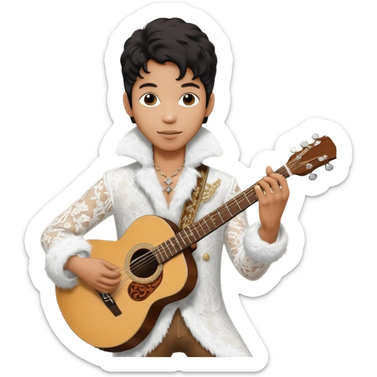 Cinematic realistic portrait of Singer Prince in a guitar pose in white lace and fur from the Round the World in a Day album tour sticker