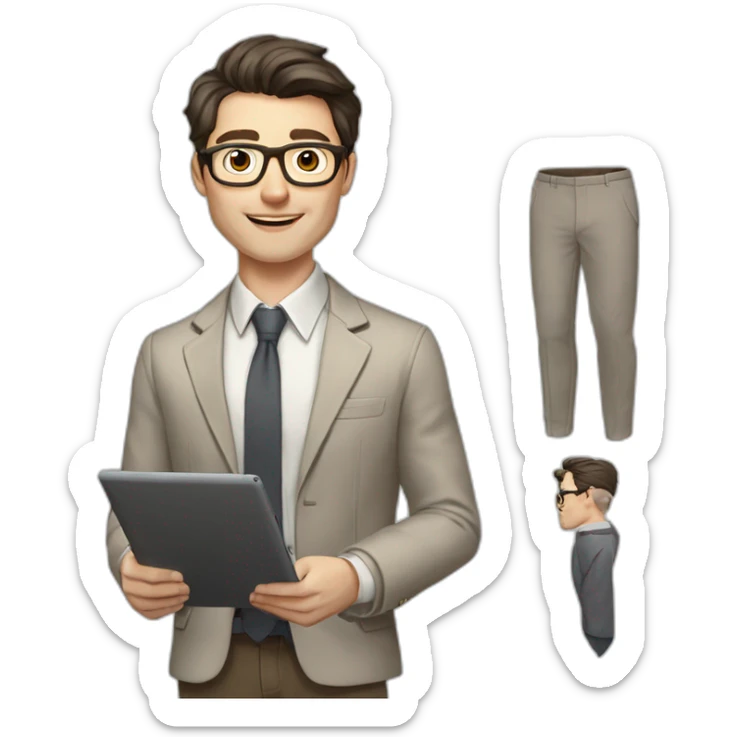 Pale skinned fit man with dark brown hair in gray jacket, beige office shirt, brown tie, brown pants and vintage glasses Writing on the tablet sticker