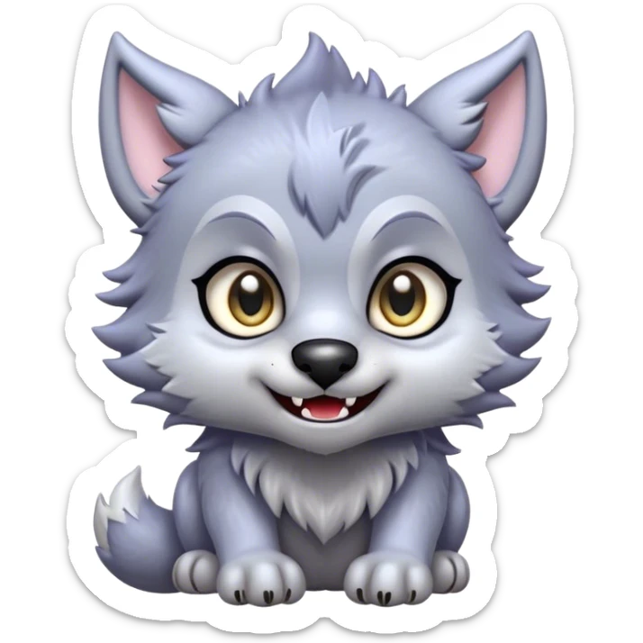 Cinematic Cute Werewolf Portrait Emoji, with a cuddly, miniature lupine form in soft moonlit grays and silvers, featuring oversized sparkling eyes and a sweet, endearing snarl, simplified yet irresistibly adorable, highly detailed with a gentle glowing outline that captures the playful, heartwarming essence of a little werewolf! sticker
