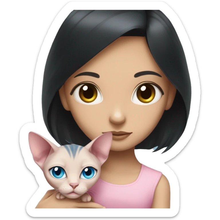 A girl with black hair hugs a pink sphinx cat with blue eyes sticker