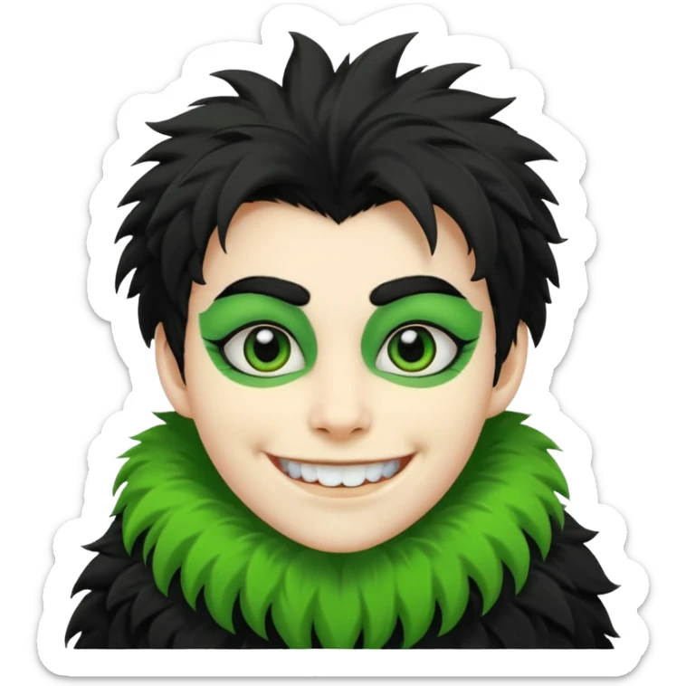 A bald person with bright white skin with a green sclera and green teeth, grinning widely. Has fluffy black neck fur, with a fluffy black body sticker