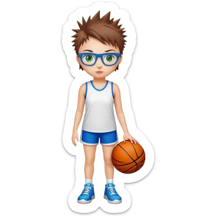 Full Body white Girl with basketball spikey short brown hair  wearing blue glasses with green eyes sticker