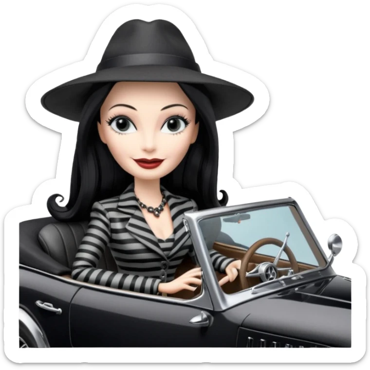 Morticia Addams Barbie, 1910 Morticia Addams from academy, in dark-gray and black striped outfit with hat. Smiling Driving Mercedes convertible sports car. Pale-white porcelain skin.  sticker
