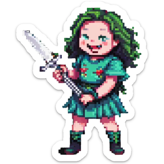 pixelated savage person in 1988 fashion with neon colors, holding knife, wicked laugh sticker