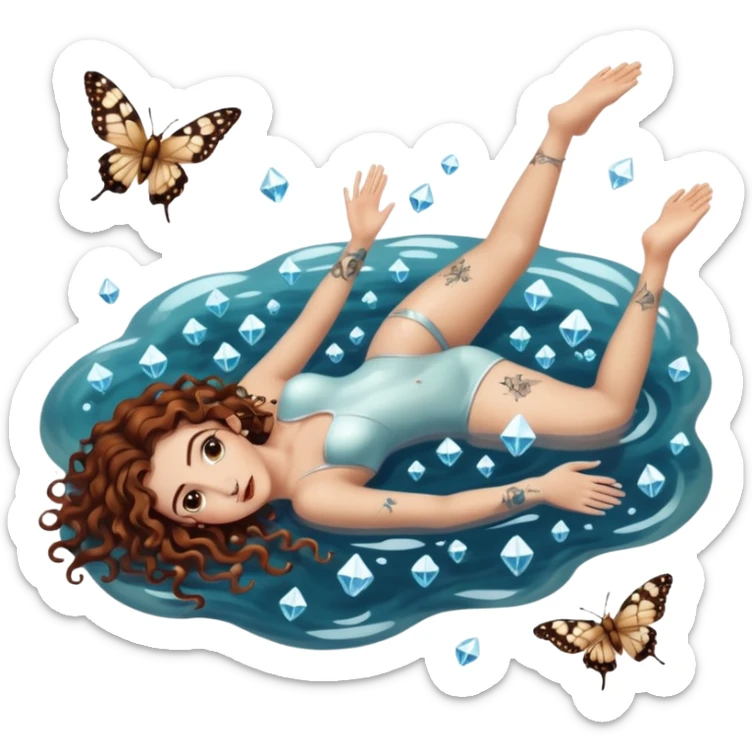full body woman long curly brown hair brown eyes white skin tattoos lying in shallow water, floating crystals and moths above sticker