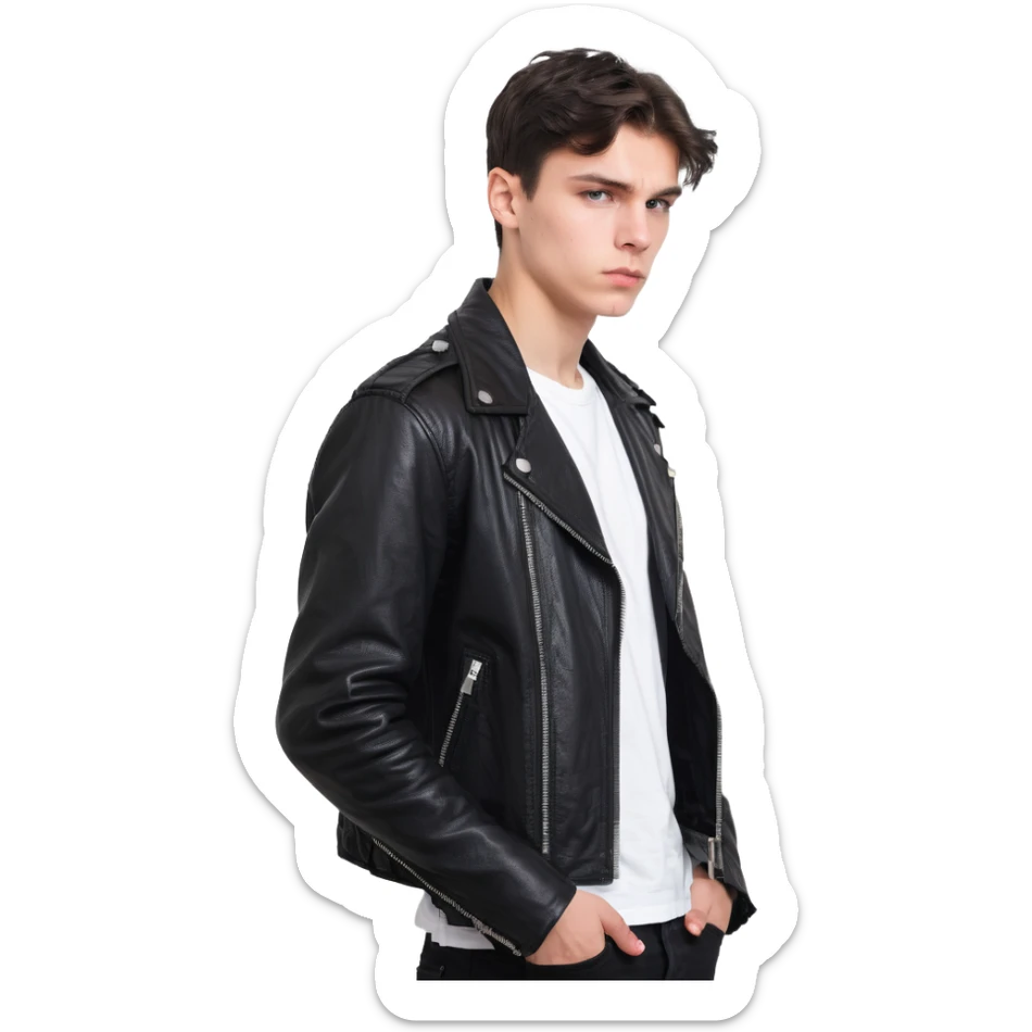 Danila Bagrov from Brother 2 movie, young Russian man with short dark hair, serious expression, wearing black leather jacket sticker