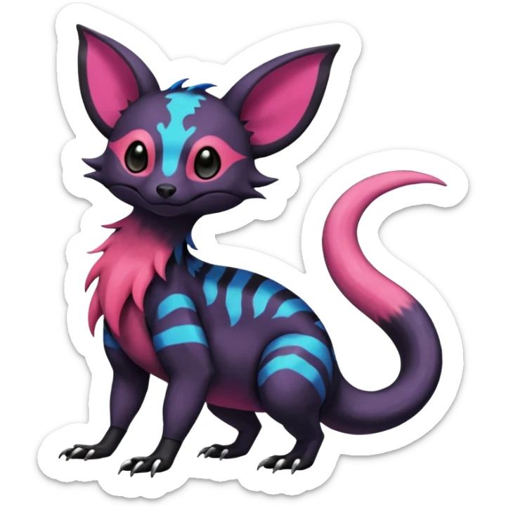 Rare epic aesthetic colorful Salandit-Noibat-Eevee-Civet-species-Fakemon-hybrid-creature, with markings, full body sticker