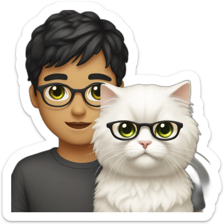 Boy with green eyes, black short hair, white skin, with glasses, holds  Persian cat with orange wool sticker