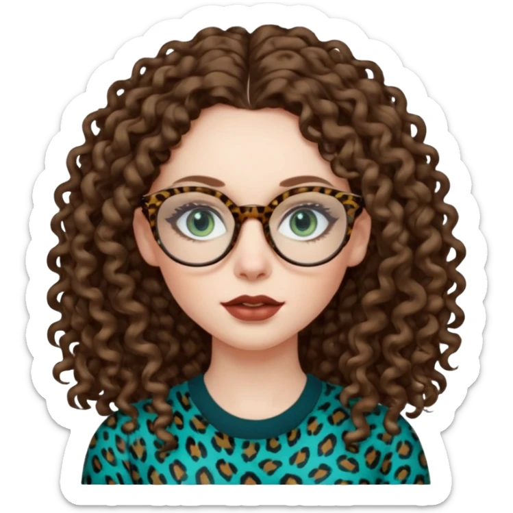a blue green eyed woman with very long brunette curly hair, full lips,and pale skin. She is wearing a leopard printed thin round-ish glasses . She is wearing a brown top. sticker