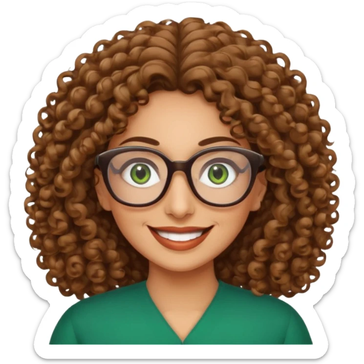 40 yr old Iranian woman, light brown very curly thick hair, shoulder length hair, green eyes, tan skin, big smile, big glasses sticker