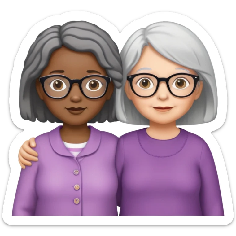 Create an emoji of two identical black toddler girls who are twins, standing next to an older white woman with glasses and gray hair. sticker