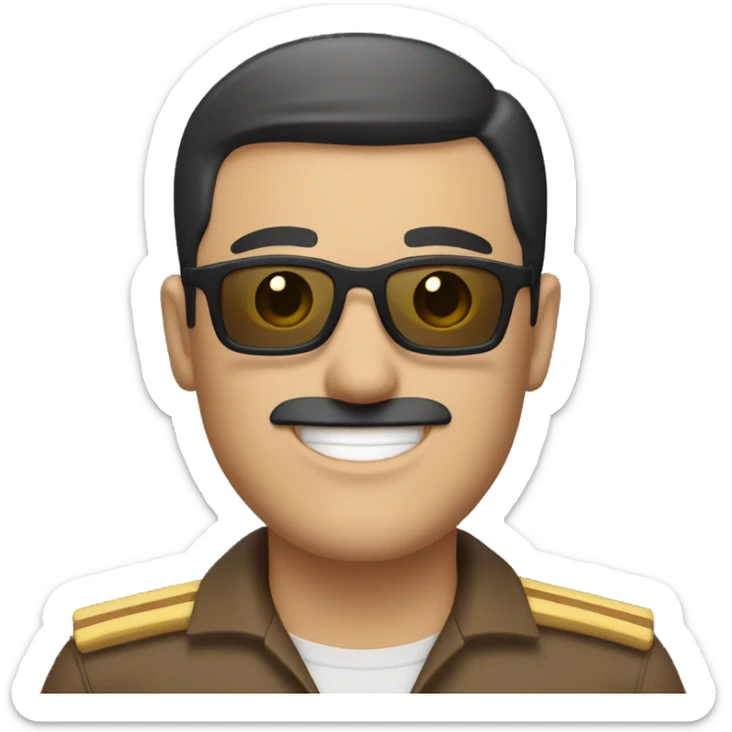 smiling white man with a black short haircut and short mustache wearing a brown uniform and sunglasses sticker