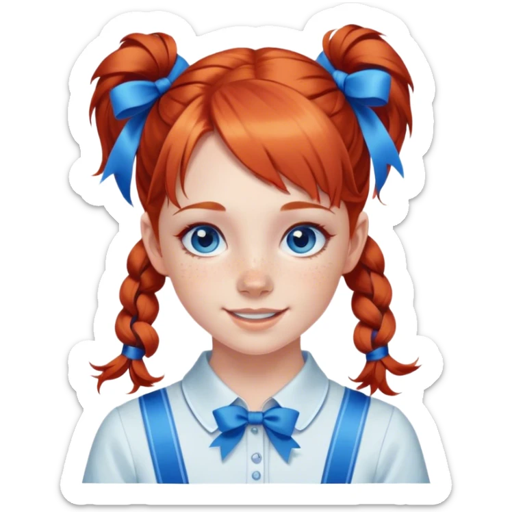 A cheerful, young red-haired girl with bright blue eyes and freckles, styled in two playful pigtails tied with blue ribbons. sticker