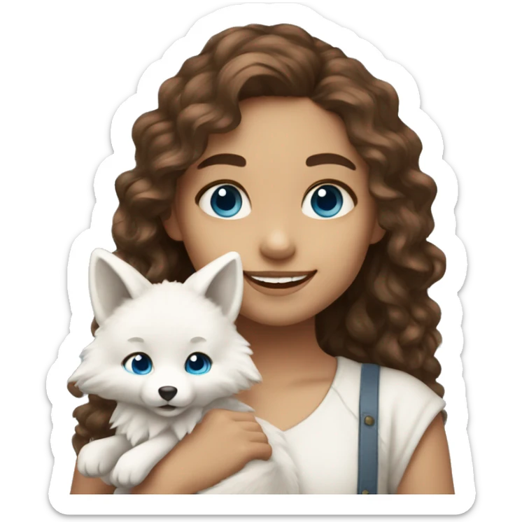 Girl long curly brown hair smiling and blue eyes and holding a white fox in her arms sticker