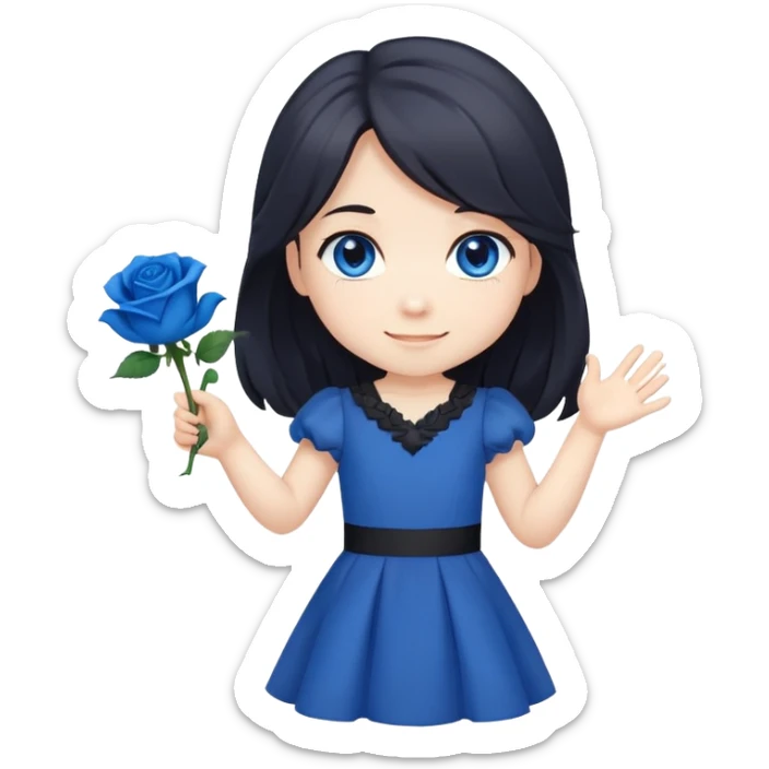 chibi girl with long dark hair, blue rose in hair, blue eyes, black dress, friendly smile, waving sticker