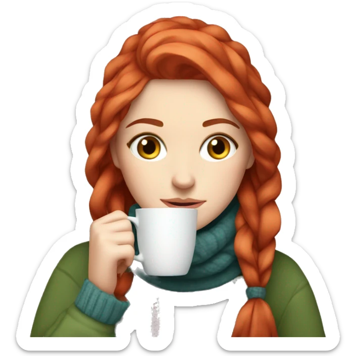 White girl red hair in a sweater and scarf sipping tea  sticker