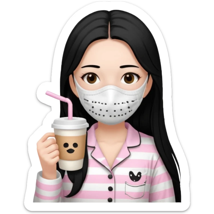 chica de pelo lacio color negro cabellera larga piyama blanca con rayas rosa claras peo no tan claras no oscuras el bordado es negro al igual que los botones )tiene una mascarilla para la carablanca y sostiene y cafe con bolitas nedras al dondo con unsorbete tranparente y es de test blanca  sticker