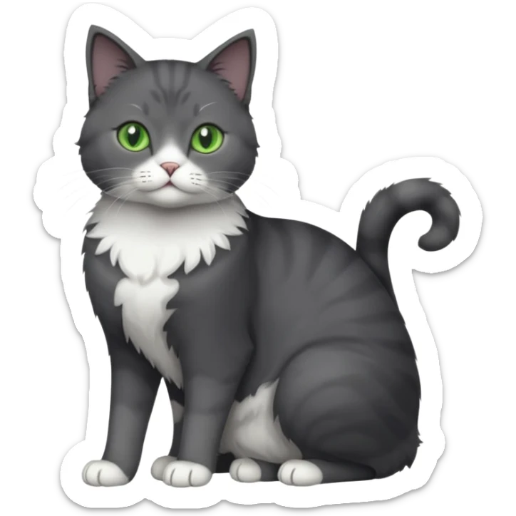 full body view of beautiful female solid dark grey cat with green eyes, white toes/paws and white patch on her chest sticker