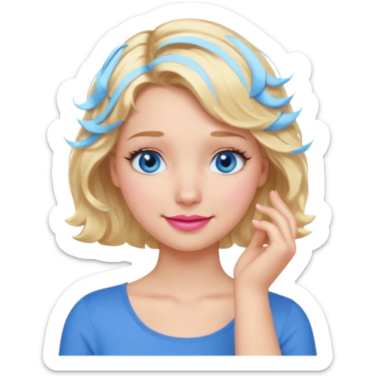 Girl Blonde short wavy hair,  blue eyes, cute blue top, long lashes, pink lips, smiling, 🤦🏻‍♀️ sticker