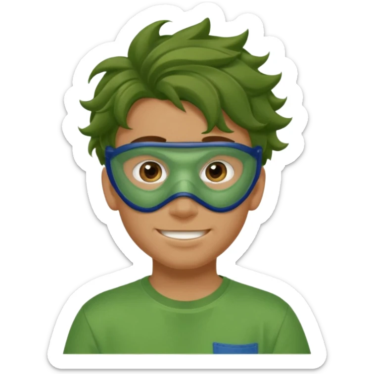 A teenage boy, tanned, wearing a green t-shirt , blue jeans and green sneakers with brown wavy tousled hair, smirking, wearing a green face mask sticker