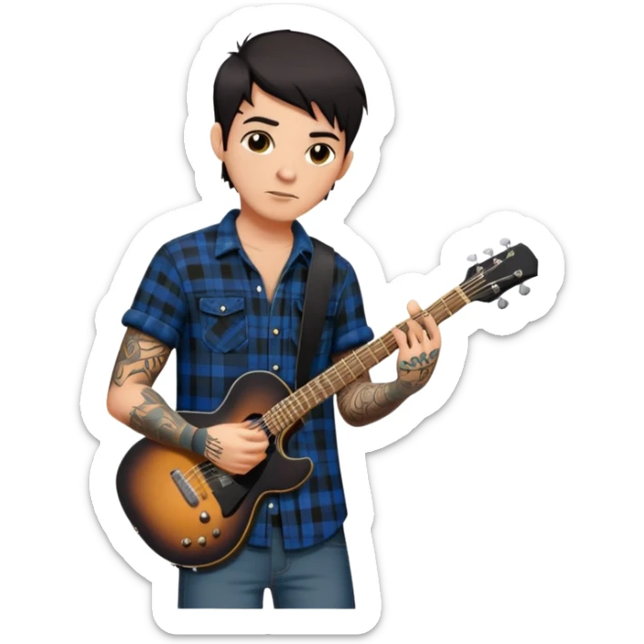 a guitarist with short dark hair, tattoos on his arms and chest, and a black plaid short sleeve flannel shirt sticker
