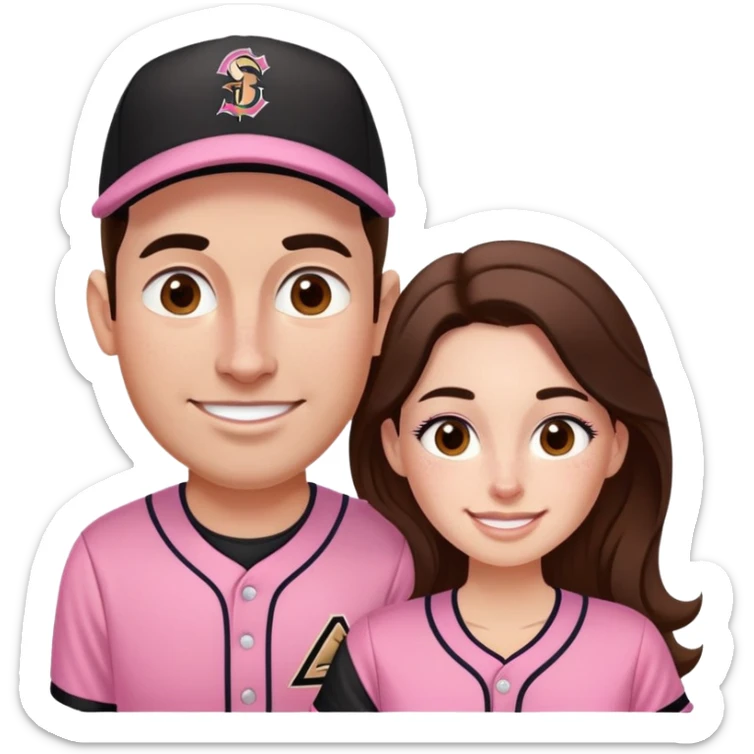 *White* couple smiling. Woman has big cheeks and a lot of freckles on the nose. long brown hair. Man has black and very short hair and prominent eyebrows with egipcian nose. Both are wearing “Los Padres” baseball new pink jearsey sticker