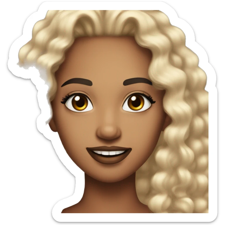 An baddie, with light skin, she look like a queen, she have brown curly hair, he wear makeup on, big fake lashes  black, red brown lip gloss, she smile sticker