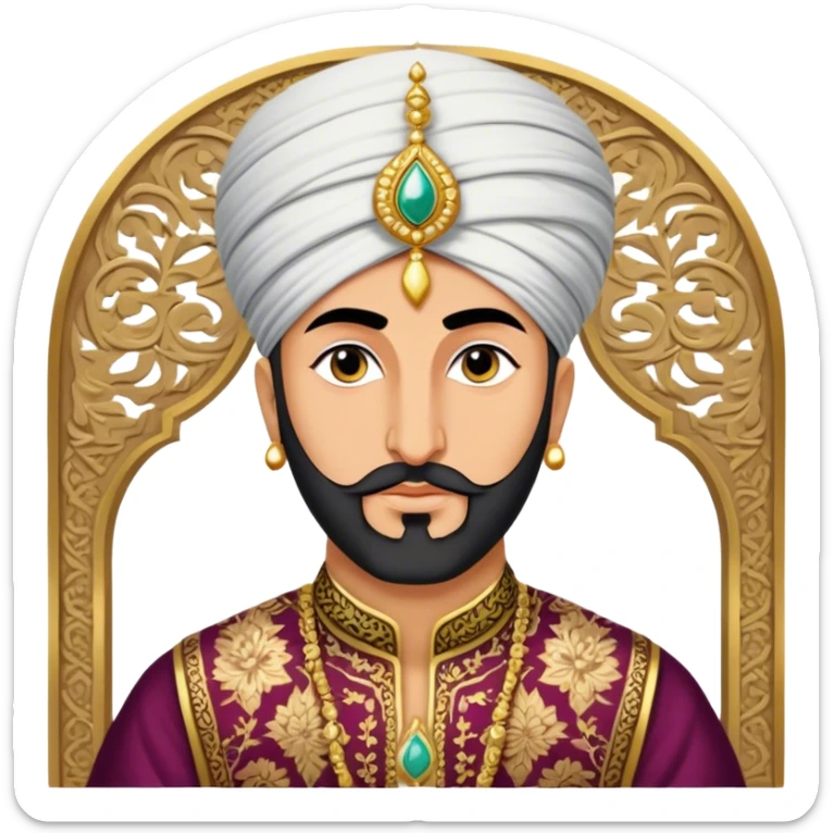 Suleiman the Magnificent – Cinematic Realistic Portrait of Suleiman the Magnificent, depicted as a regal Ottoman sultan in luxurious traditional attire with intricate patterns and a golden turban, his commanding gaze illuminated by warm, historic lighting, exuding majestic authority and timeless grandeur. sticker
