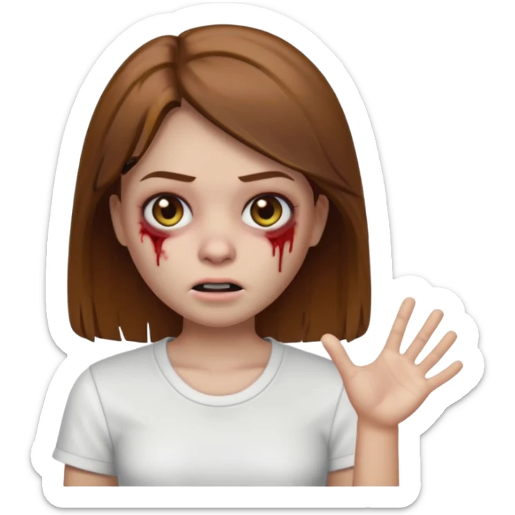 Memoji Zombie Girl with brown straight hair and basic white shirt On sticker