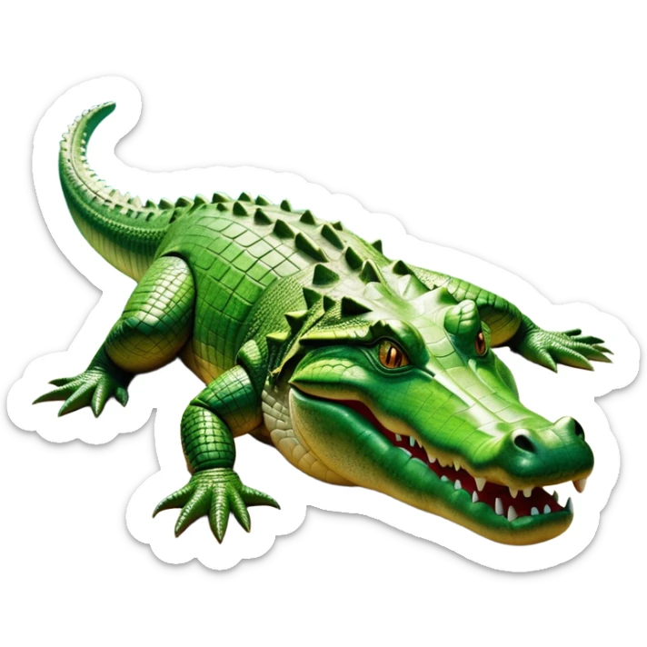 cinematic-crocodile-realistic-full-body-lounging-emoji,-massive-scaled-body-partially-submerged-in-shallow-water,-head-tilted-dramatically,-rough-green-and-brown-hide-textured-with-deep-ridges,-simplified-yet-realistic-focused-features,-highly-detailed,-glowing-with-an-almost-sarcastic-glow sticker