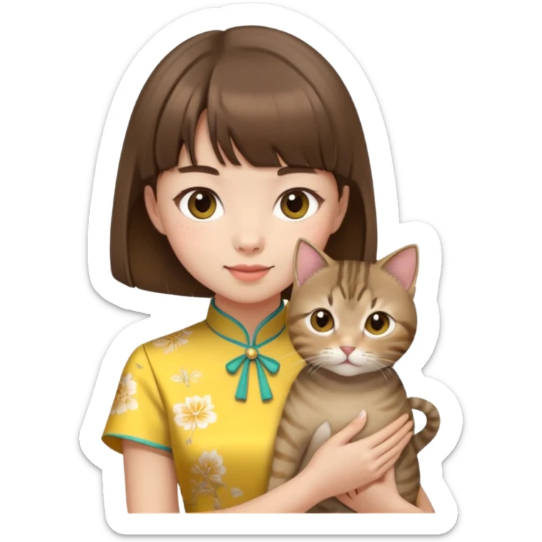 girl with brown hair and bangs wearing yellow qipao with a gray tabby cat sticker