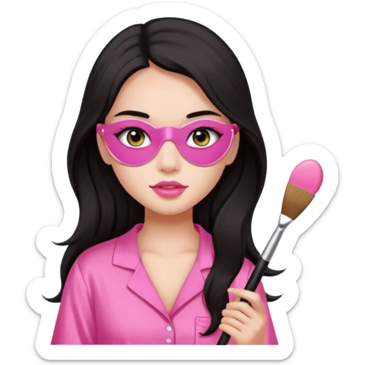 Dark long hair girl wearing pink victorias secret sleepwear is holding a makeup brush she also has eye patches white sticker