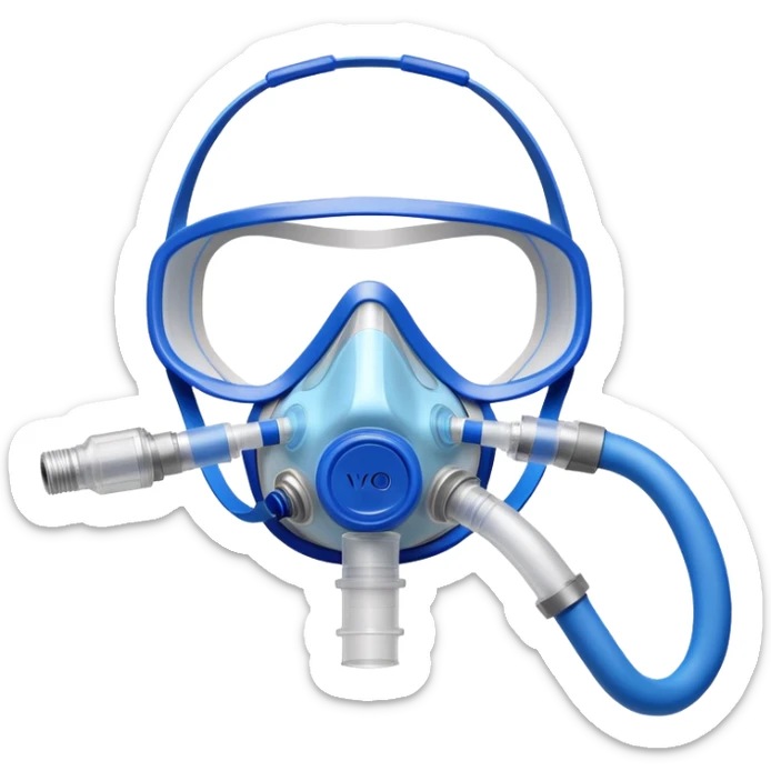 Close-up of blue VO2 max testing mask with breathing tubes and valves, no person wearing it sticker