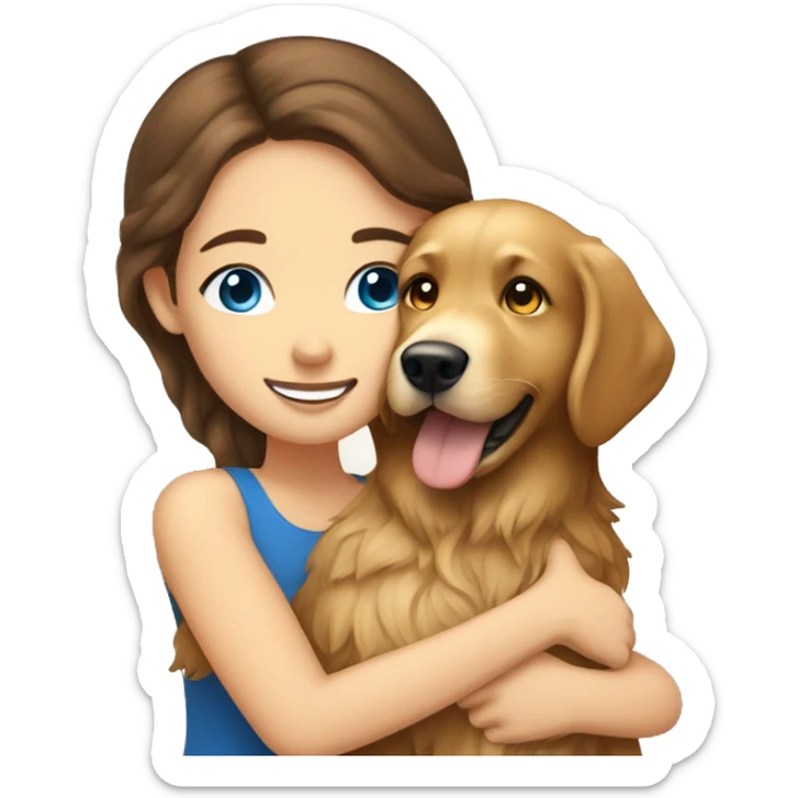 Woman with brown hair and blue eyes hugs golden retriever with brown eyes sticker