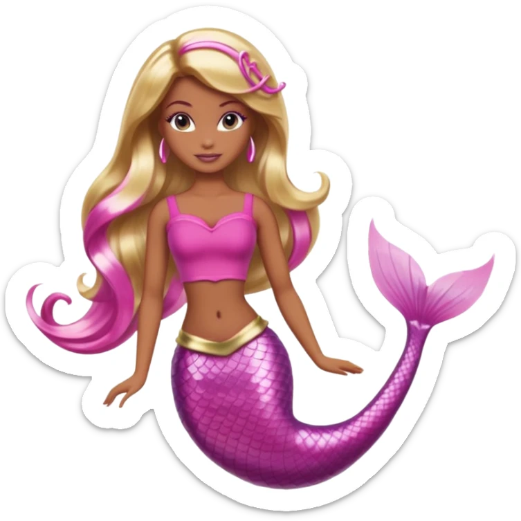 Brown skin blonde hair barbie mermaid with pink tail and pink highlights in hair  sticker
