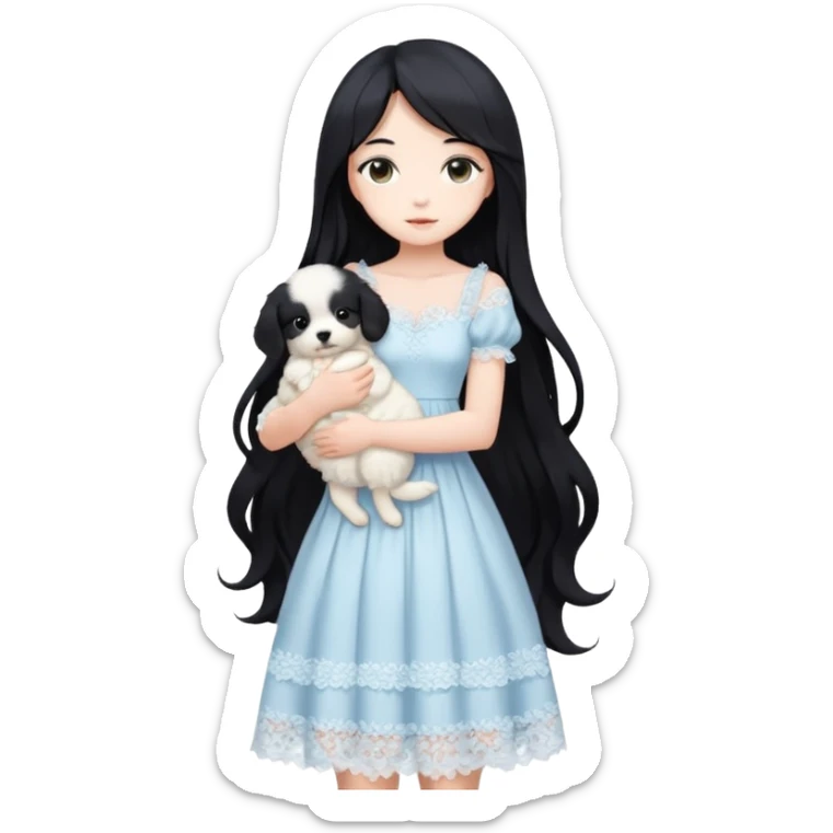 Pastel anime lady long hair with long lace dress full body holding puppy aesthetic background sticker