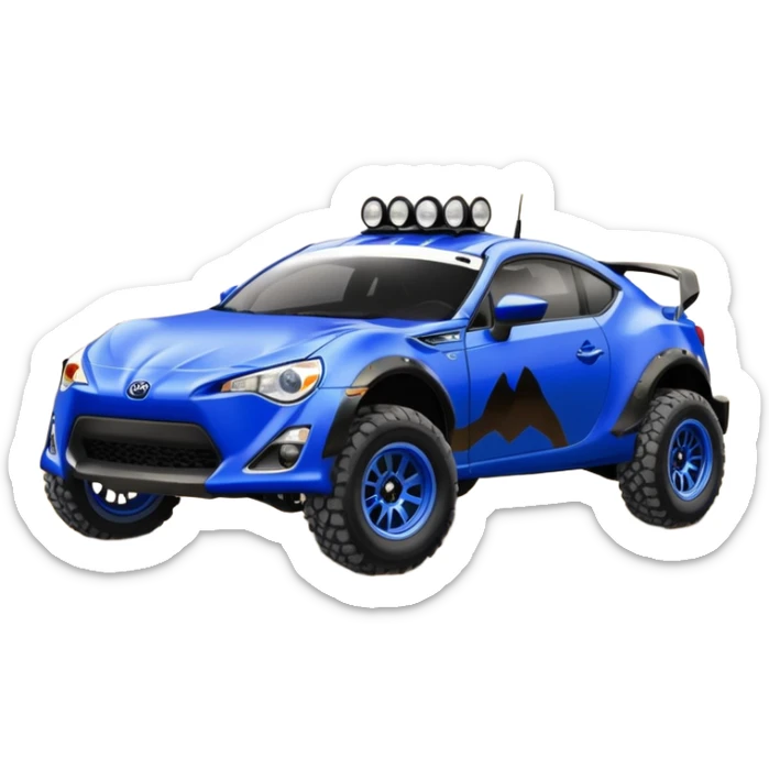 Dirty raced 2013 scion fr-s ultramarine off road 4wd monster Baja dessert stadium racer number 86 with long travel suspension, mirror chrome spoke wheels, black fenders sticker
