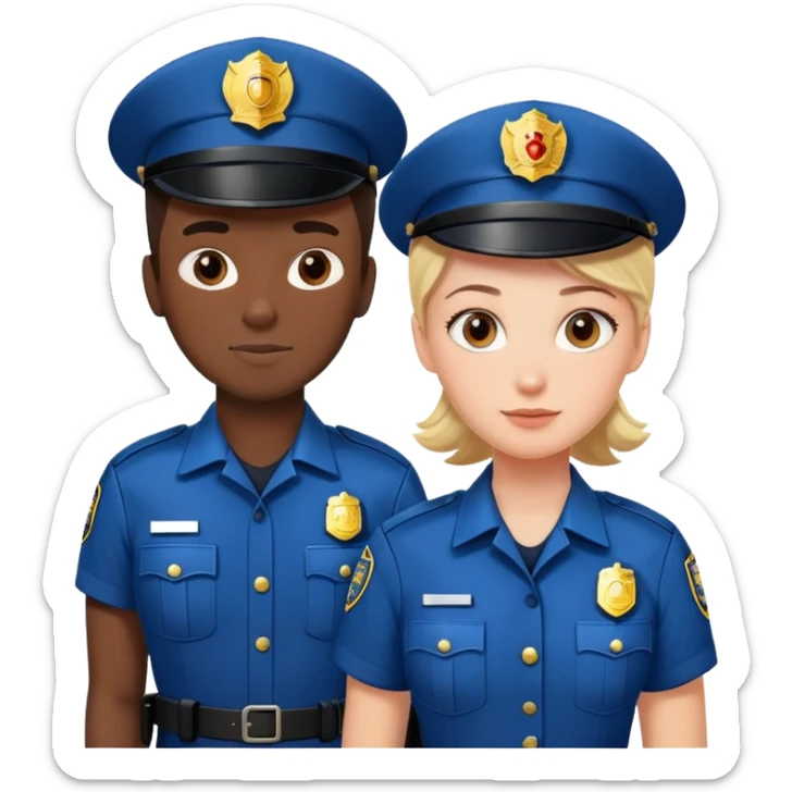 white female policeman in a blue unifrom, black male fireman in a red uniform sticker