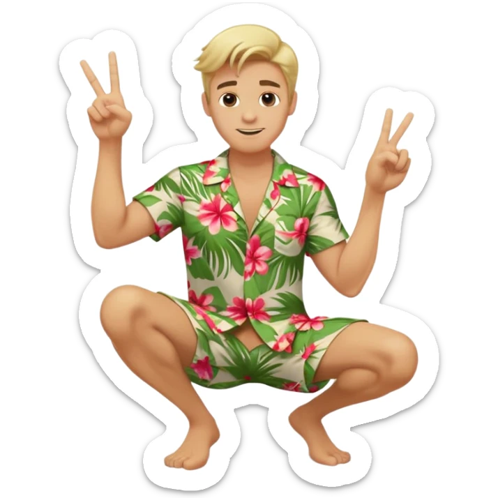 Full body emoji of a Blonde man with swooshing hair and no facial hair, crouching giving one peace sign while smirking in a Hawaiian shirt sticker