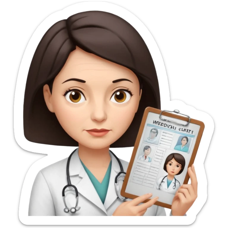 A female doctor in her 50s with visible facial wrinkles, dark brown short bob hair, her body turned slightly at an angle, with her gaze clearly directed downward and fixed on the medical chart she is reviewing. sticker