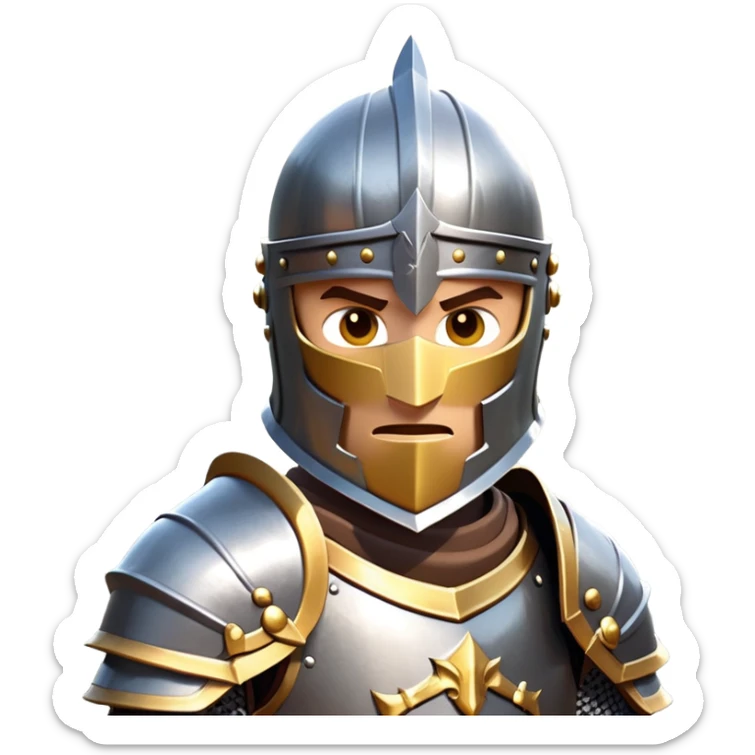 clash-of-clans-aesthetic_-cinematic-fearsome-and-majestic-knight-bust-portrait-emoji, rendered in a flat, vector-style with minimal shading and bold, simplified shapes, depicting a battle-ready medieval knight with steely eyes and intricate armor, mounted on a warhorse reflecting sunlight over a misty battlefield. sticker