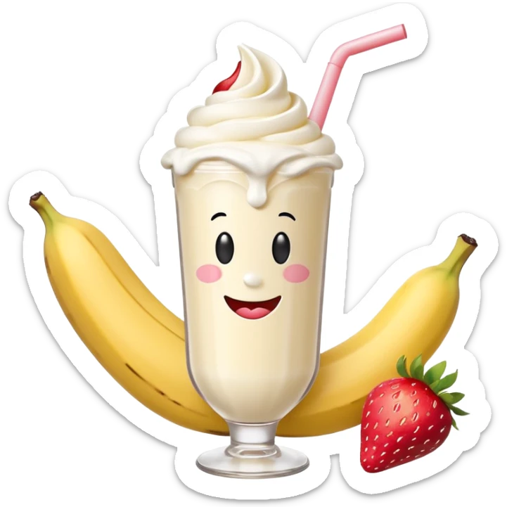 Milkshake vanilla with a banana sticking out of the milk shake it and two strawberries on both sides of the banana at the very tip of the banana, whipped cream and a smiley face sticker