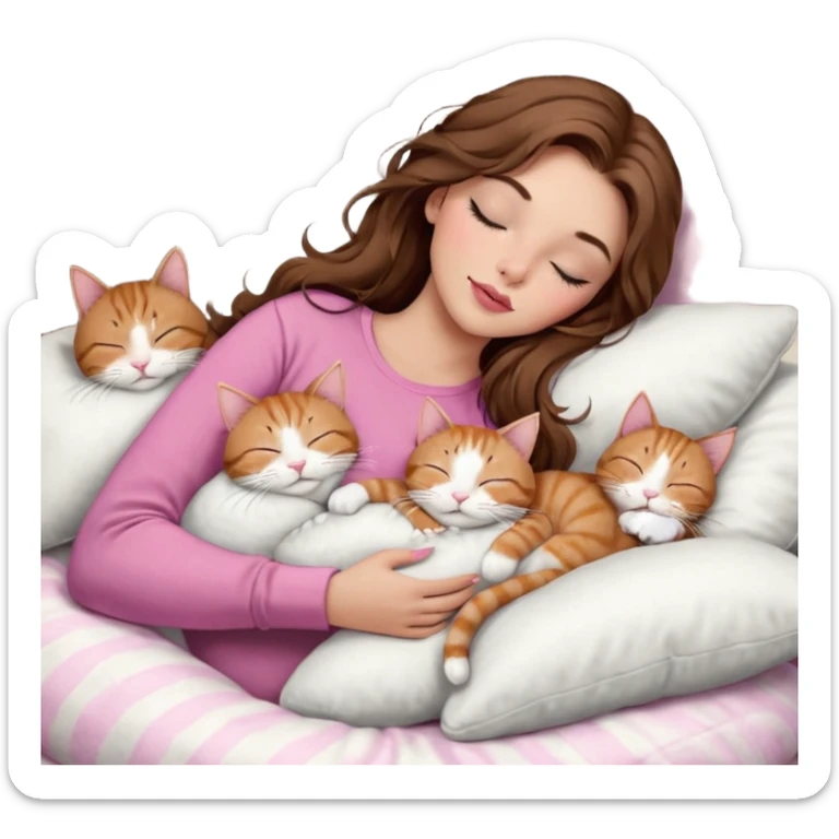 girl with long wavy brown hair, brown eyes, long lashes makeup, sexy pink lips, light to medium complexion,  sleeping on a cozy pillow, with 6 cats: 1 brown and white tabby cat, 1 ginger and white, 2 grey and white, 1 grey with white mittens and small white patch on chest and 1 calico, sleeping sticker
