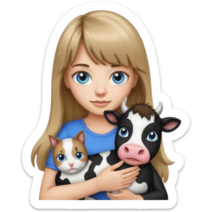 Apple-style emoji sticker of a young woman with long dark blond hair and bang, blue eyes , holding a cat black and white like a cow patch on her chest.  sticker