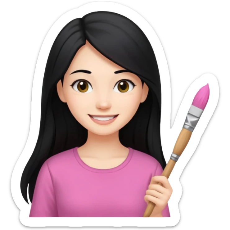 Painting women. smilling   Long black hair,  lunette peinture top pink, pinceau sticker