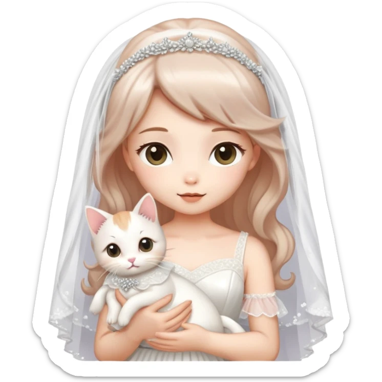 Very dreamy-beautiful-fashionable and elegant-wearing a wedding dress-with a veil-woman-holding a kitten-shiny-ladylike-soft style-kawaii-beautiful-hair-fairy style- sticker